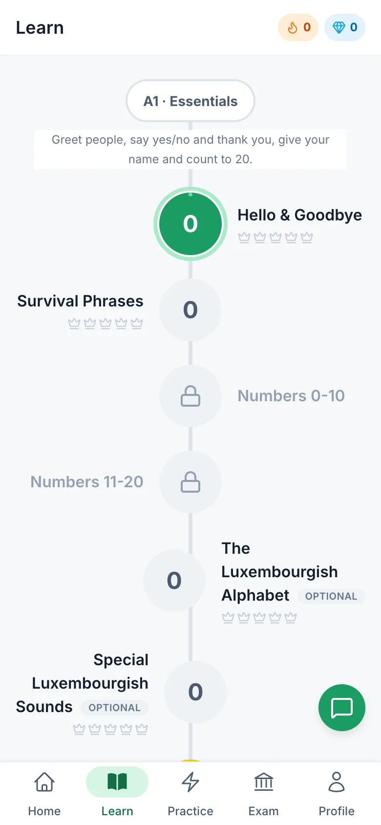 The Learn tab of the wetz.lu app: the A1 Essentials path with Hello and Goodbye as the first skill.