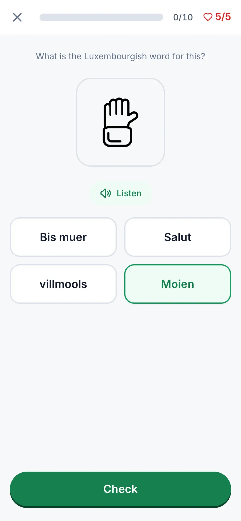 A lesson exercise in the app: a picture of a hand, a Listen button and four Luxembourgish words to choose from.