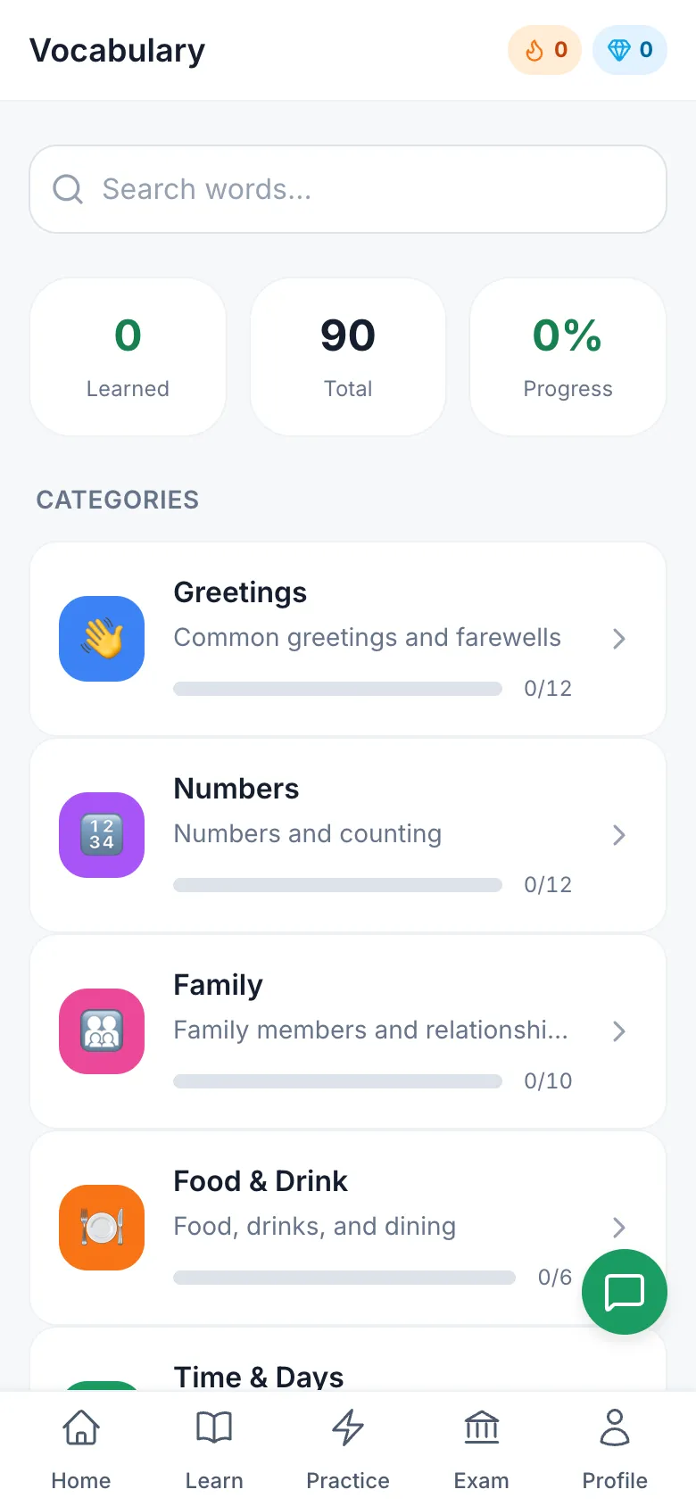 The vocabulary browser in the app with a search box and categories such as Greetings, Numbers and Family.
